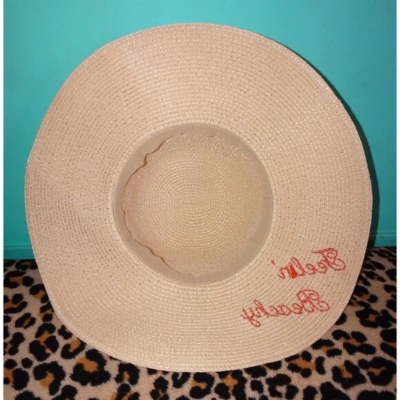 Vintage Feelin' Beachy Ivory Woven Sun Hat with orange pom pom fringe pinup - Picture 11 of 13